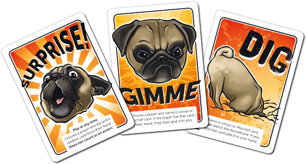 Three mischief cards - Surprise, Gimme and Dig